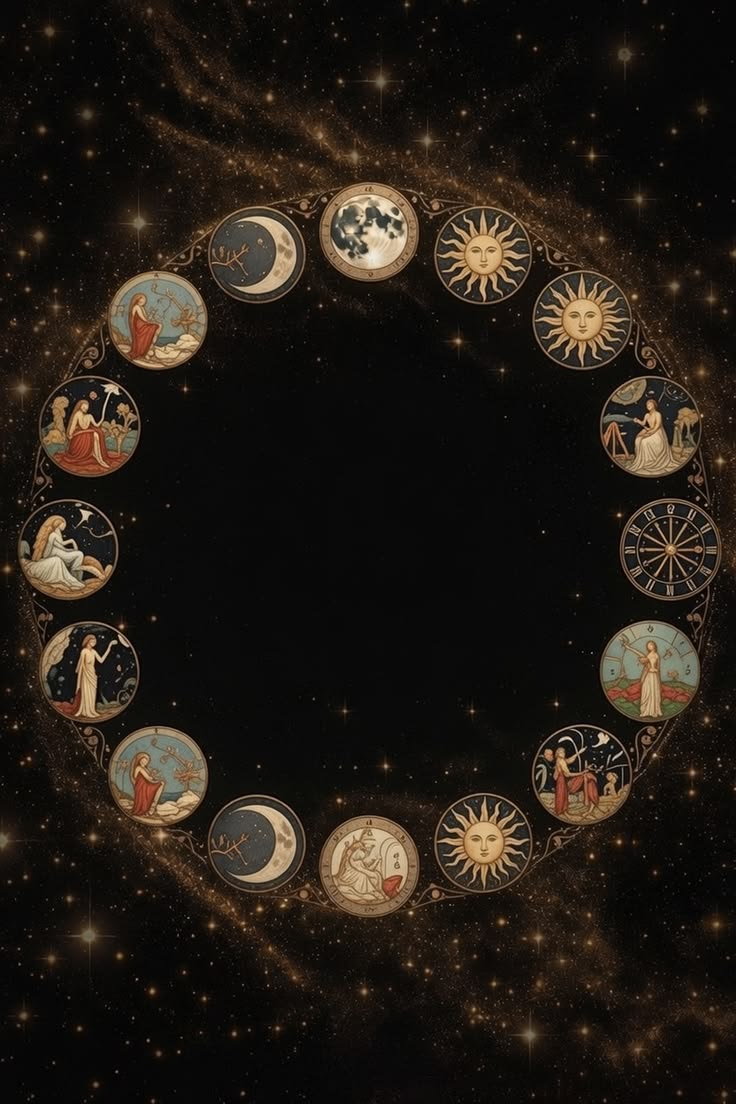 Círculo celeste com o sol, a lua e os signos do zodíaco