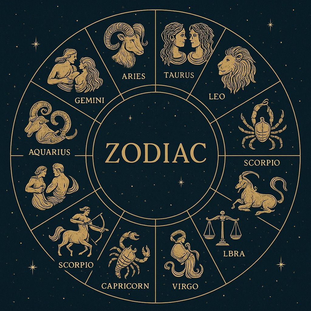 Roda do zodíaco dourada com os 12 signos